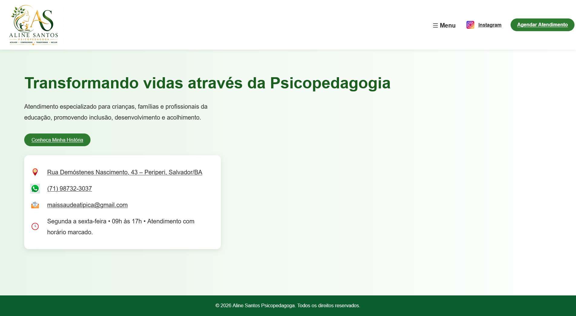 Página inicial do site Aline Santos Psicopedagoga