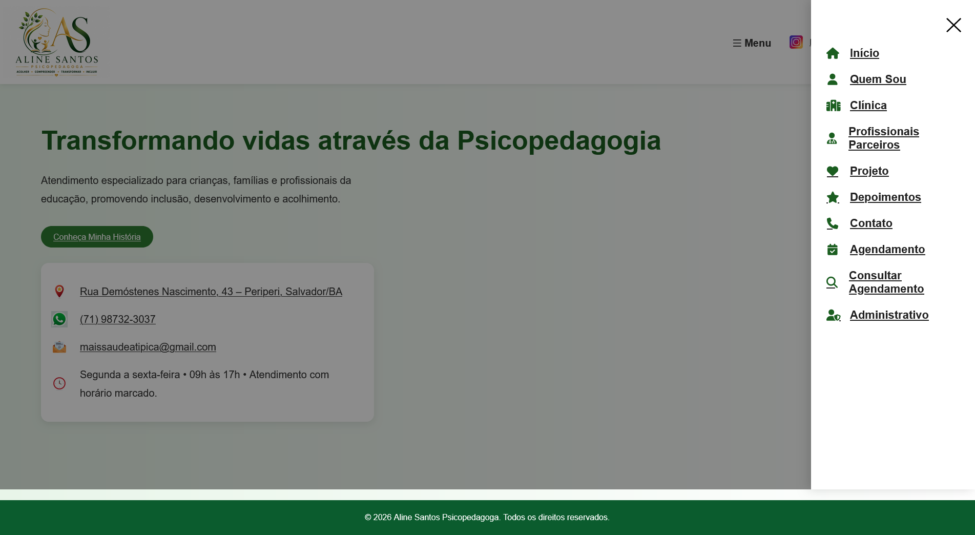 Menu de navegação do site Aline Santos