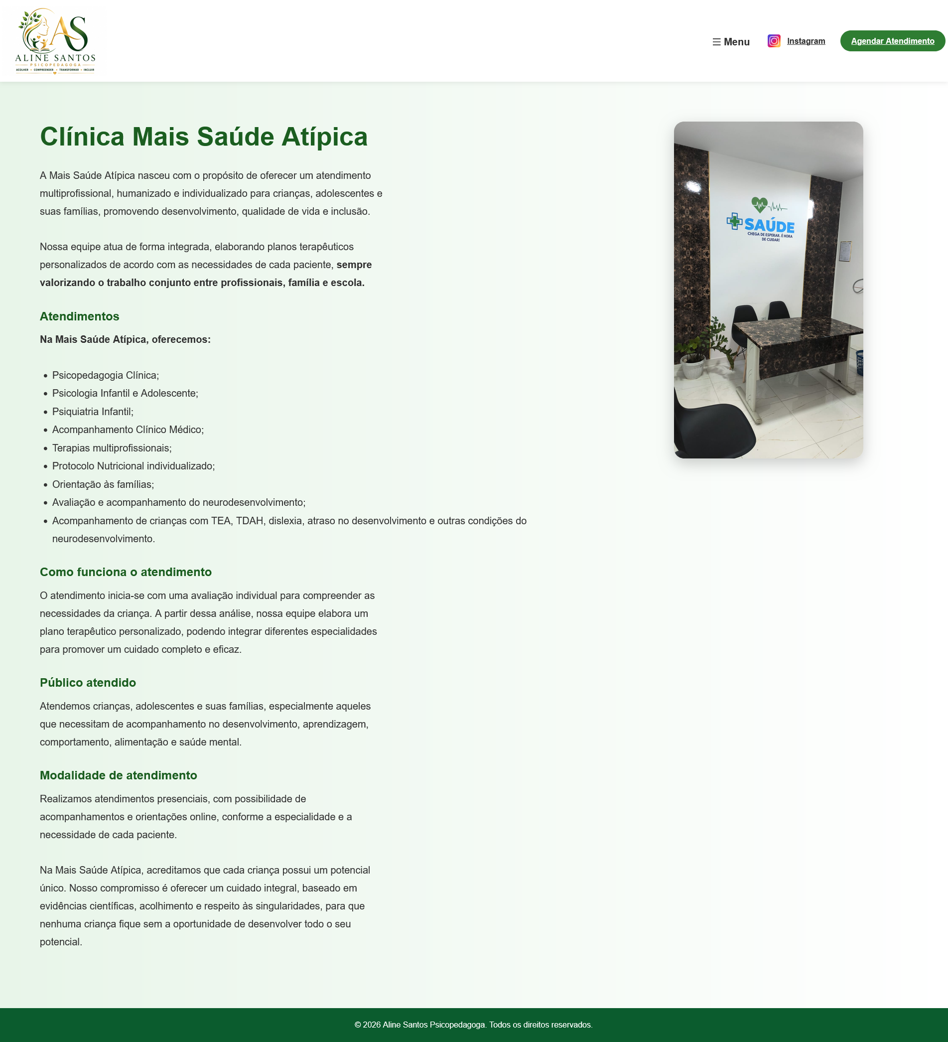 Página da Clínica Mais Saúde Atípica