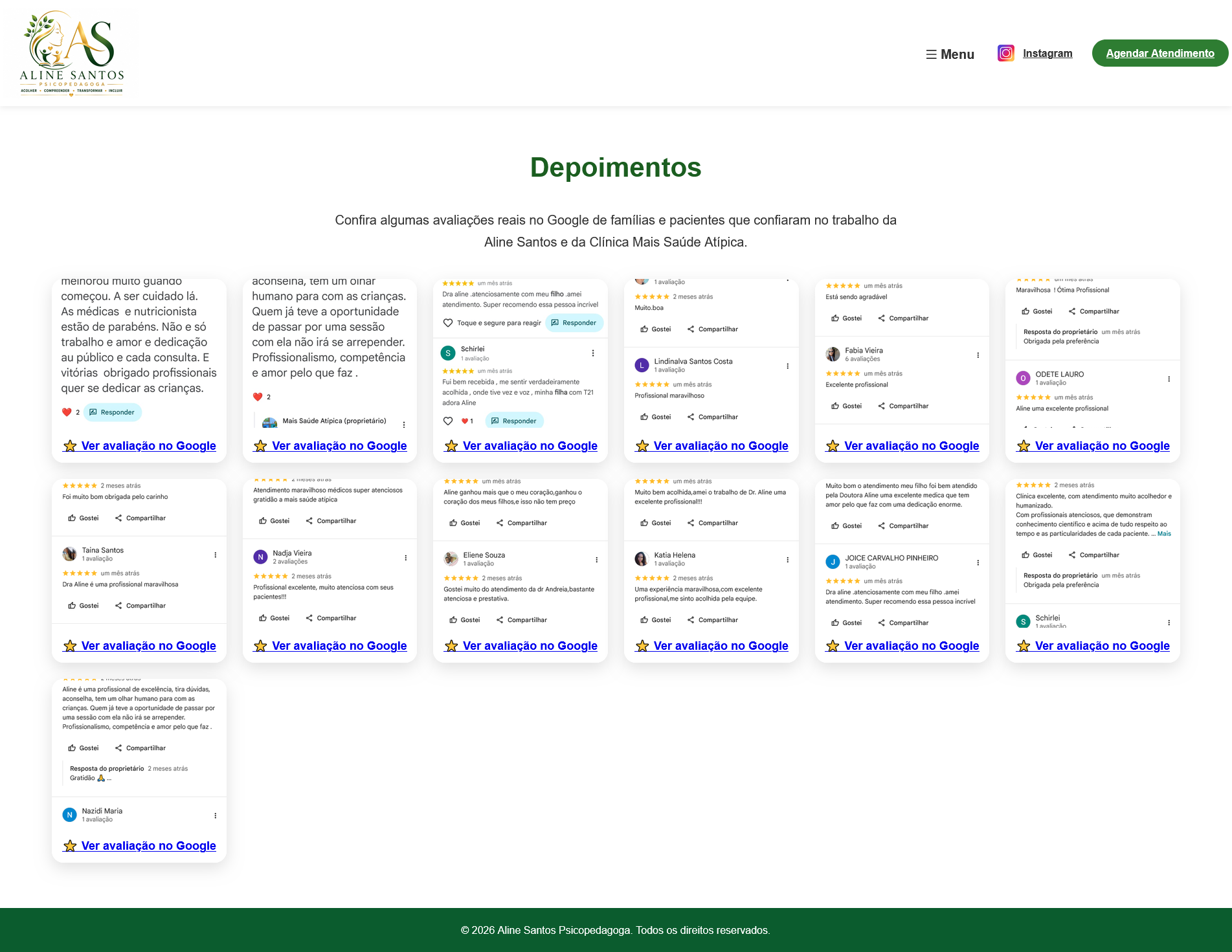 Depoimentos e avaliações do Google